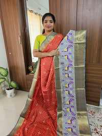 Pochampally Art Silk Saree -Rust Orange with Grey