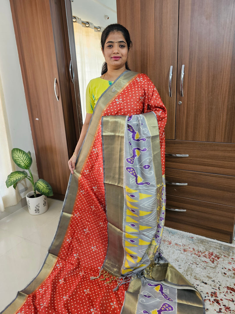 Pochampally Art Silk Saree -Rust Orange with Grey