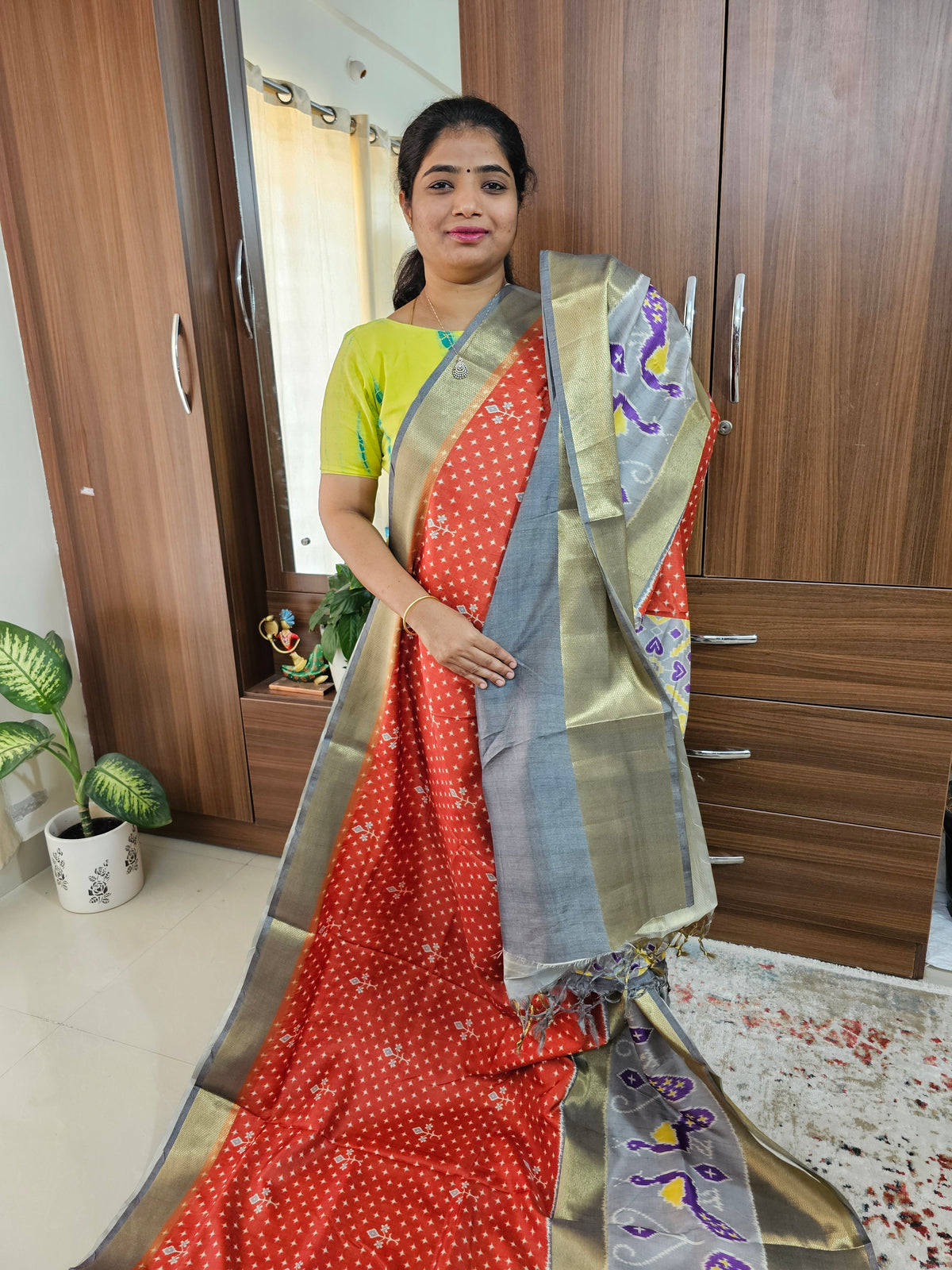 Pochampally Art Silk Saree -Rust Orange with Grey