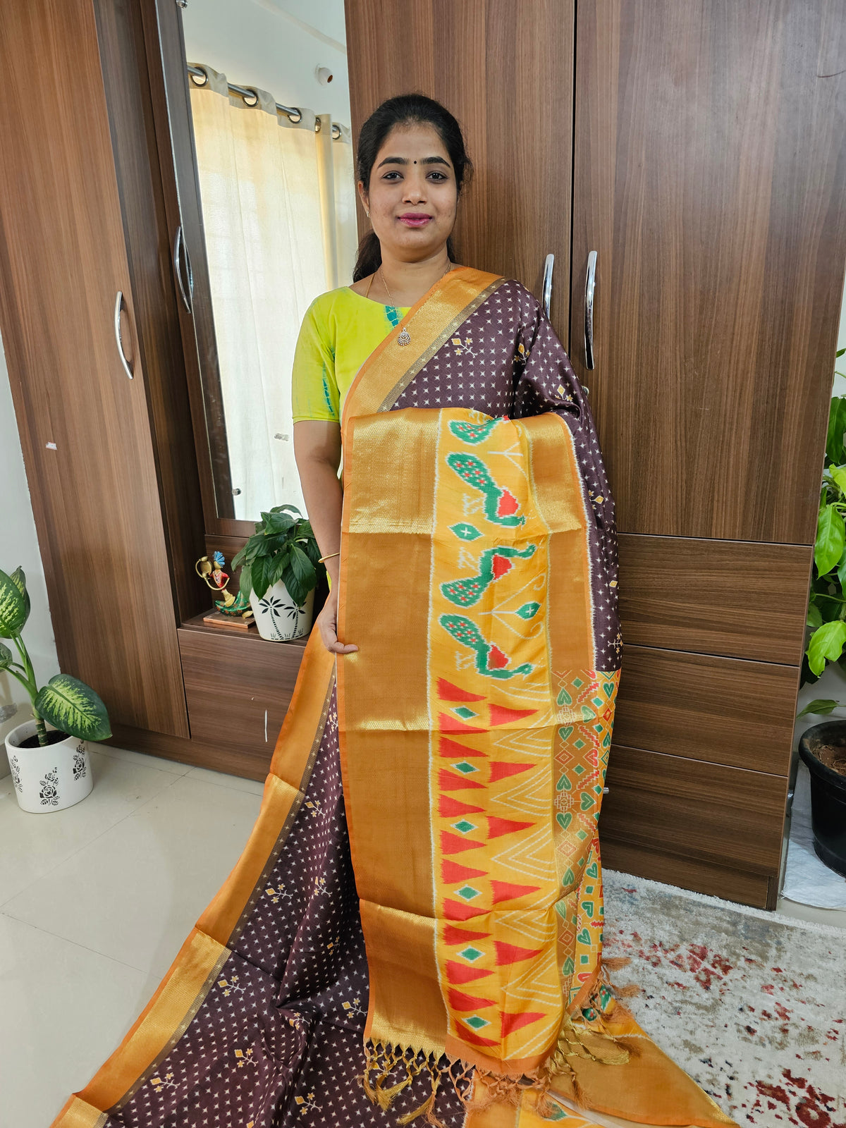 Pochampally Art Silk Saree - Coffee  Brown with Yellow