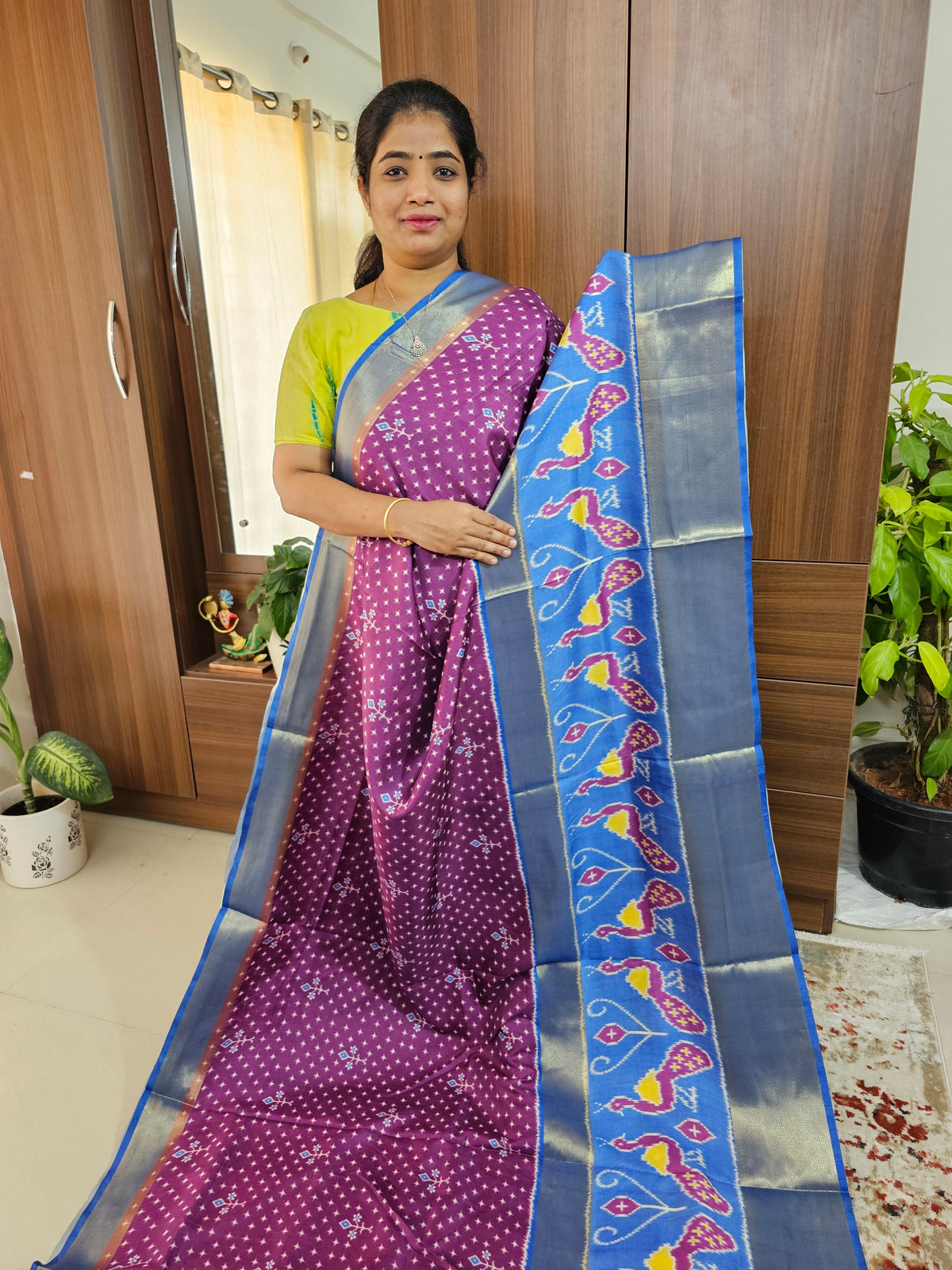 Pochampally Art Silk Saree - Dark Purple with Blue