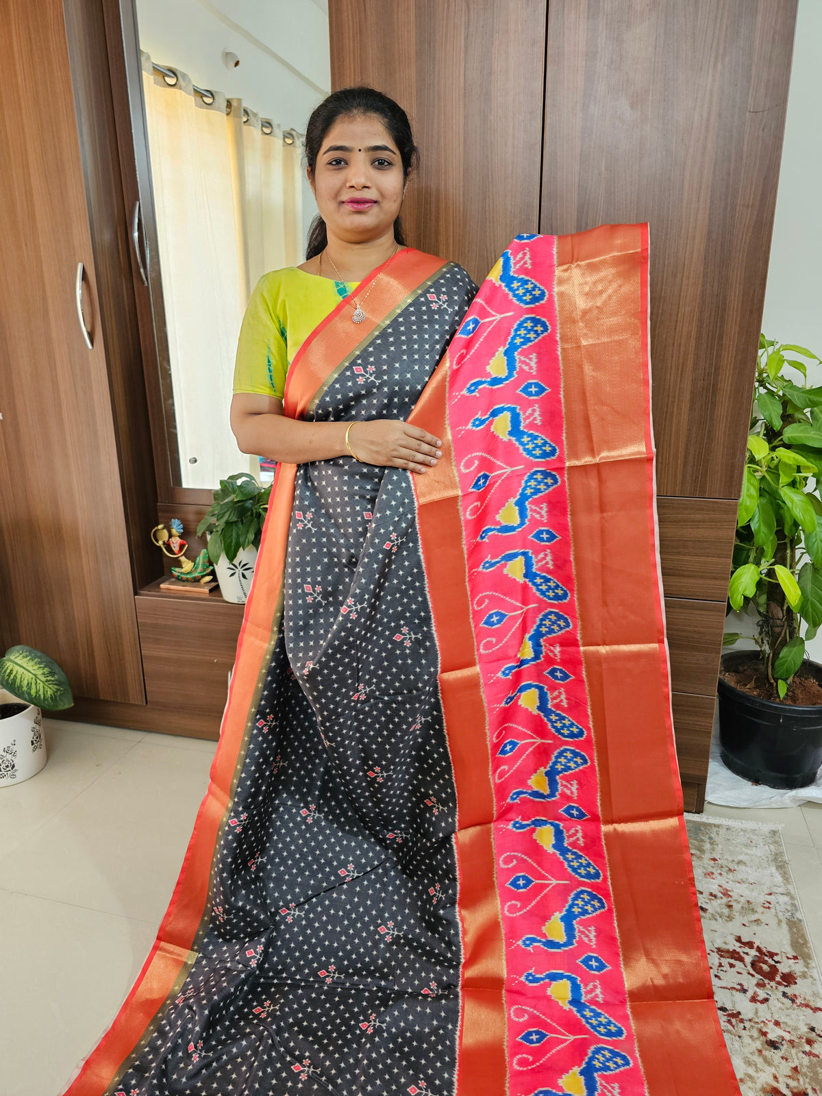 Pochampally Art Silk Saree - Black with Orange