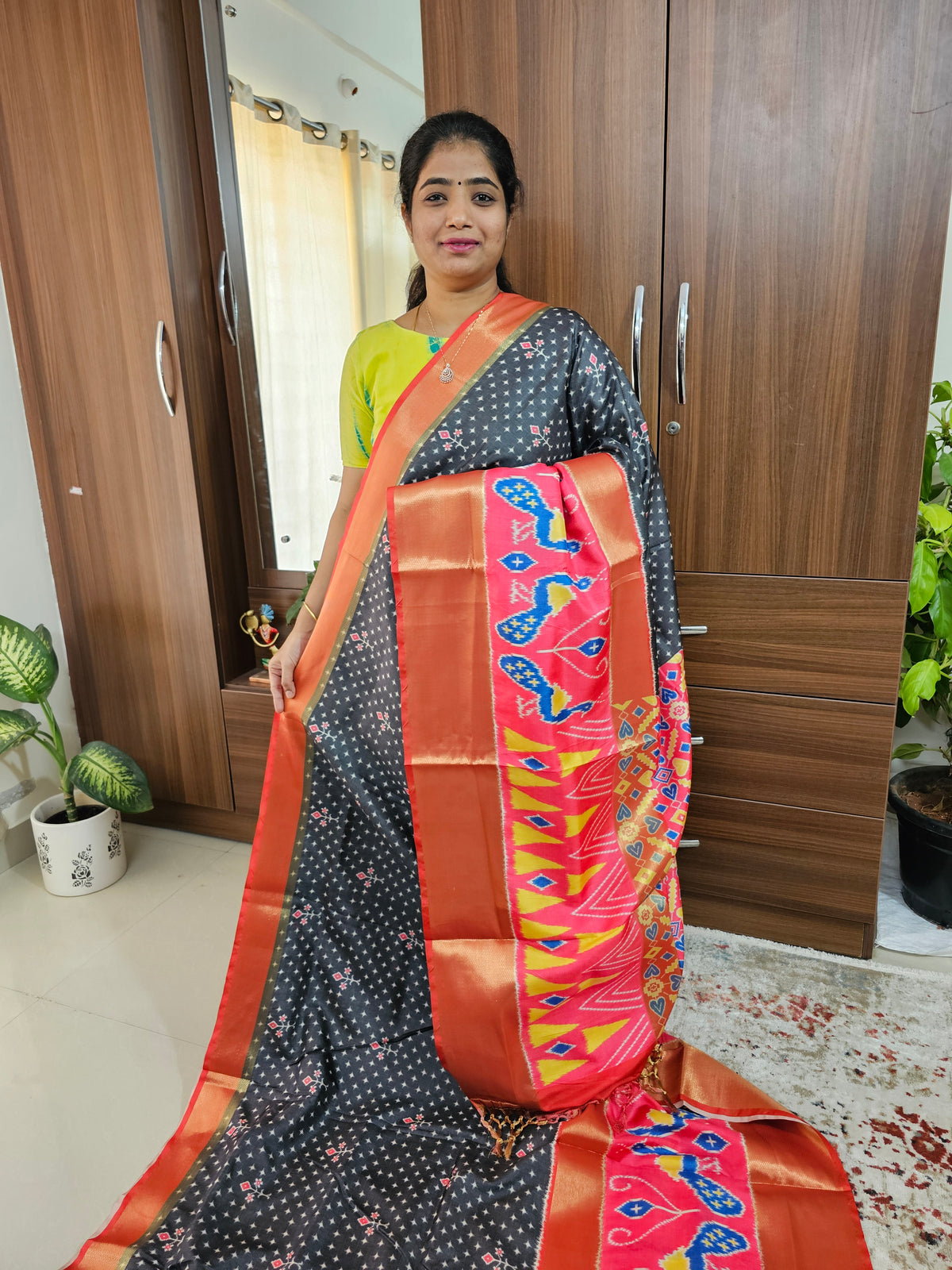 Pochampally Art Silk Saree - Black with Orange