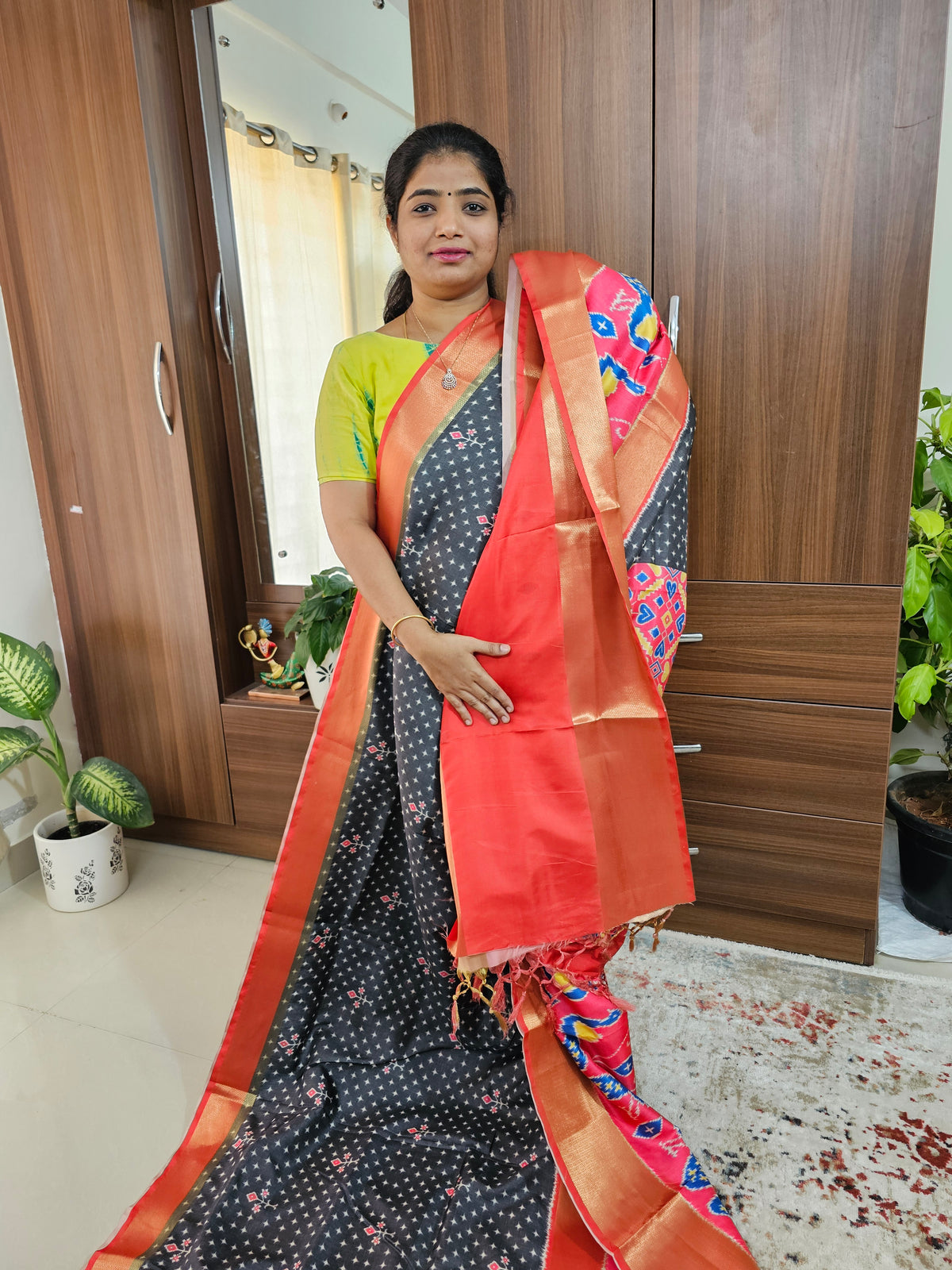 Pochampally Art Silk Saree - Black with Orange