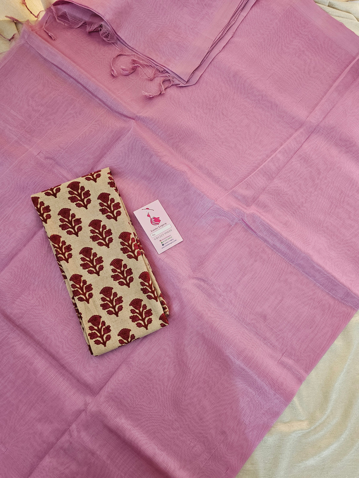 Handwoven Mangalagiri Plain Pattu Saree with Mix and Match Cotton Blouse - Pink