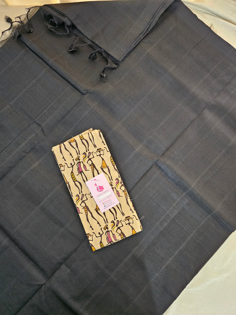 Handwoven Mangalagiri Plain Pattu Saree with Mix and Match Cotton Blouse - Black