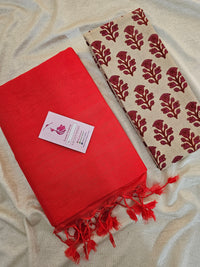 Handwoven Mangalagiri Plain Pattu Saree with Mix and Match Cotton Blouse - Red