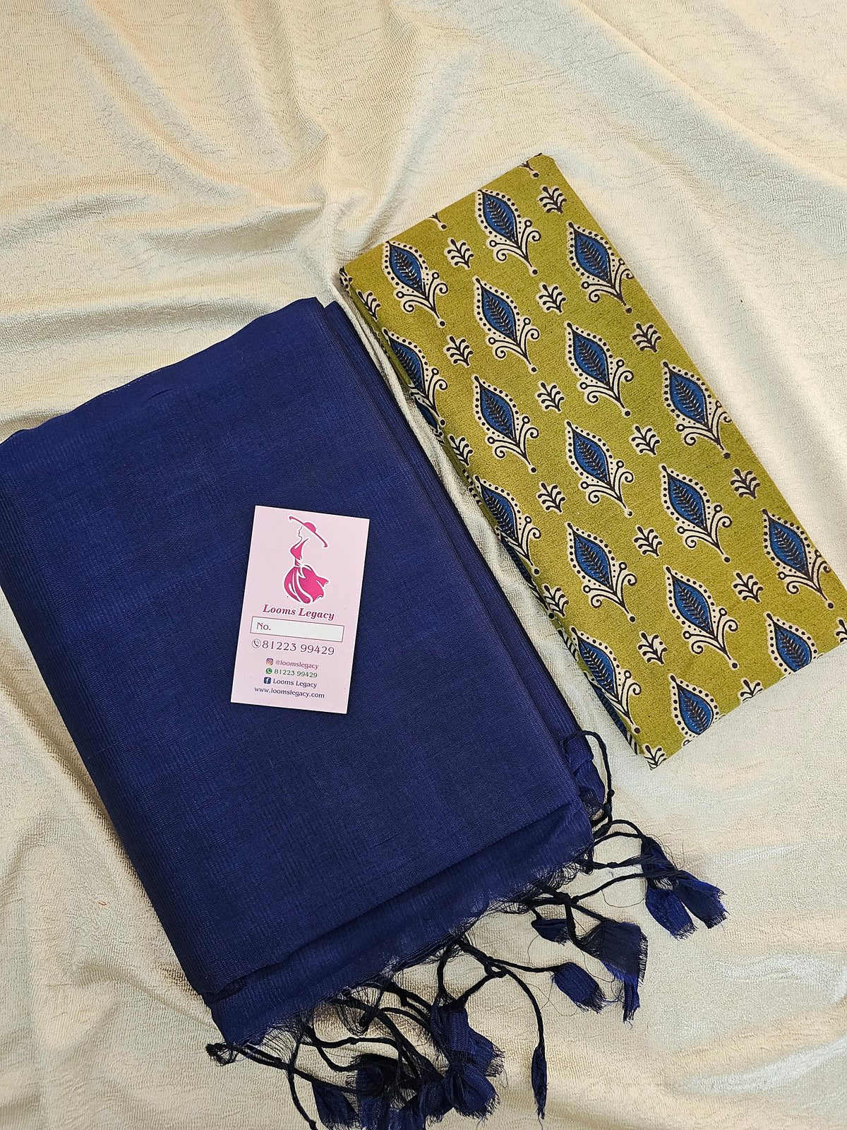 Handwoven Mangalagiri Plain Pattu Saree with Mix and Match Cotton Blouse - Navy Blue