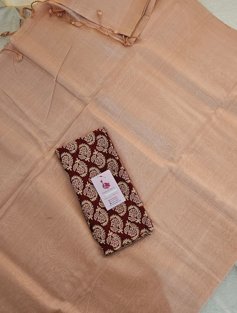 Handwoven Mangalagiri Plain Pattu Saree with Mix and Match Cotton Blouse - Cream