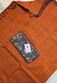 Handwoven Mangalagiri Plain Pattu Saree with Mix and Match Cotton Blouse - Rust Brown