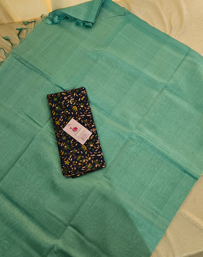 Handwoven Mangalagiri Plain Pattu Saree with Mix and Match Cotton Blouse - Blue