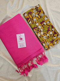 Handwoven Mangalagiri Plain Pattu Saree with Mix and Match Cotton Blouse - Pink