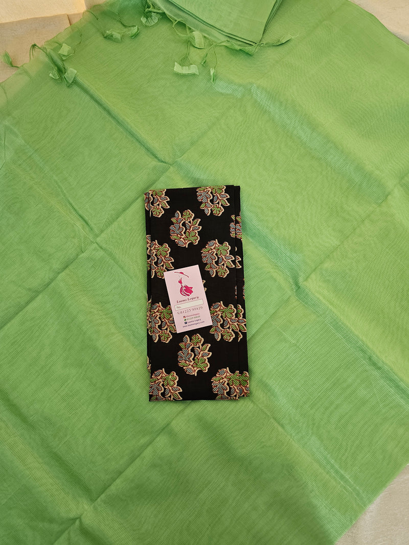 Handwoven Mangalagiri Plain Pattu Saree with Mix and Match Cotton Blouse - Green