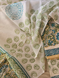 Cotton Hand Block Printed Unstitched Suit - White with Green