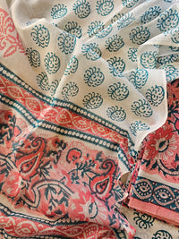 Cotton Hand Block Printed Unstitched Suit - White with Pink