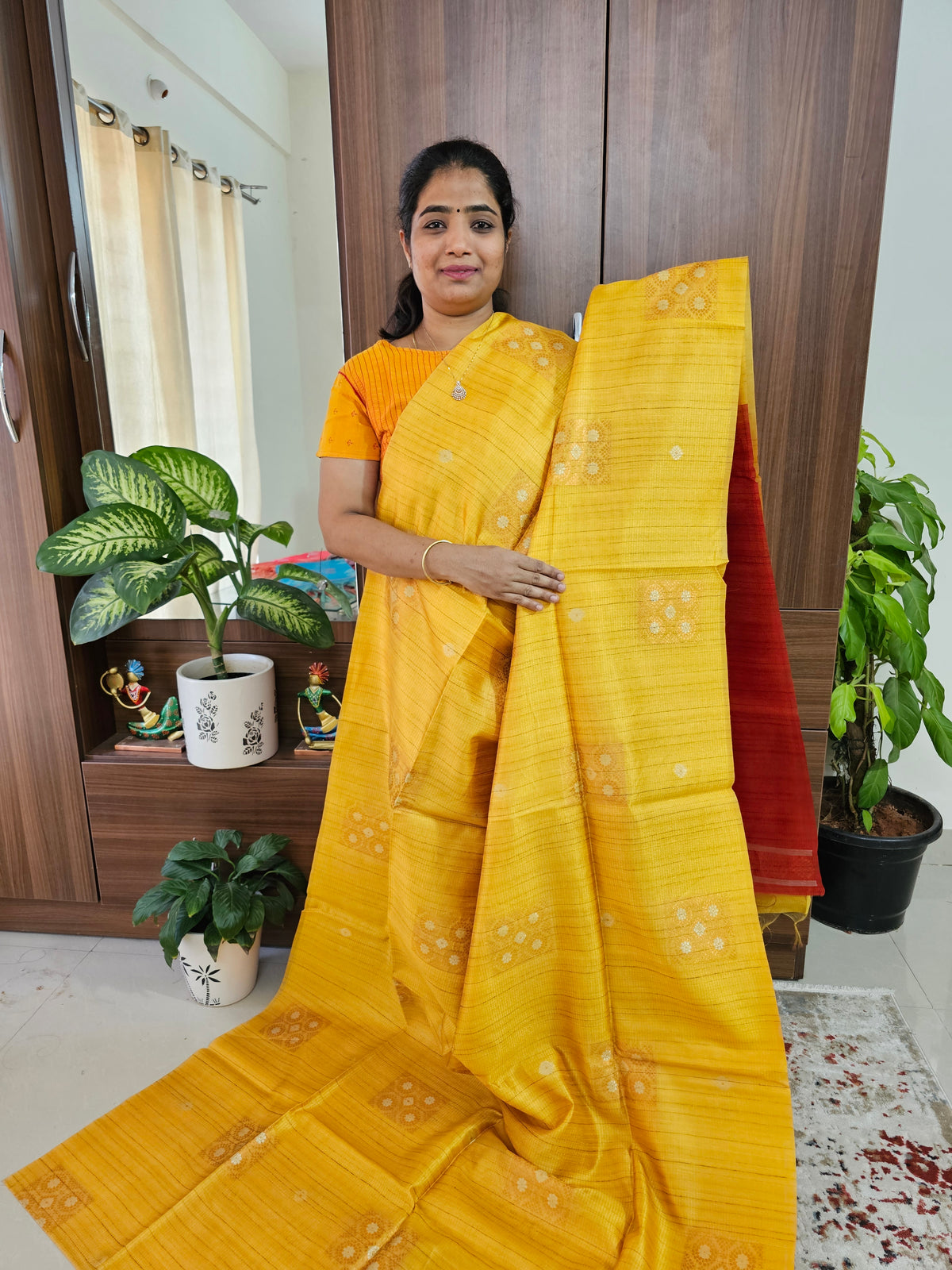 Semi Maandu Tussar  - Yellow with Red