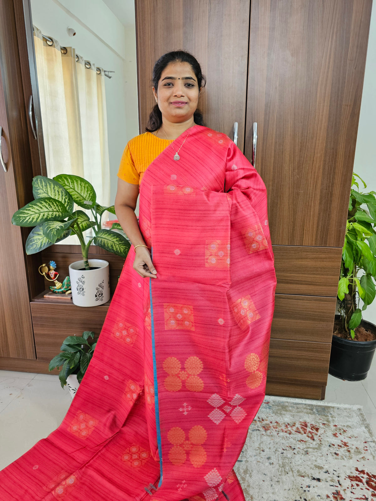 Semi Maandu Tussar  - Pink with Blue