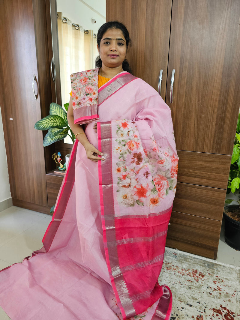 Handwoven Mangalagiri Pattu Saree with Beautiful Kalamkari - Pink