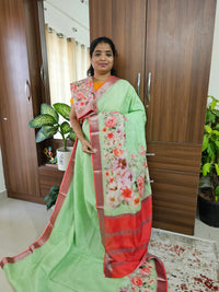 Handwoven Mangalagiri Pattu Saree with Beautiful Kalamkari - Green