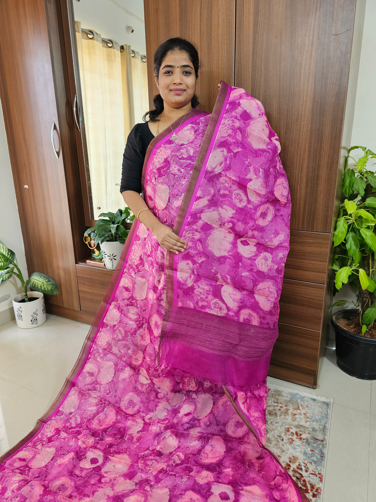 Handwoven Kota Tussar Saree with Zari Border - Pink