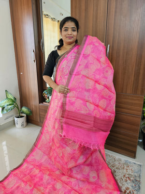 Handwoven Kota Tussar Saree with Zari Border - Rosy Pink