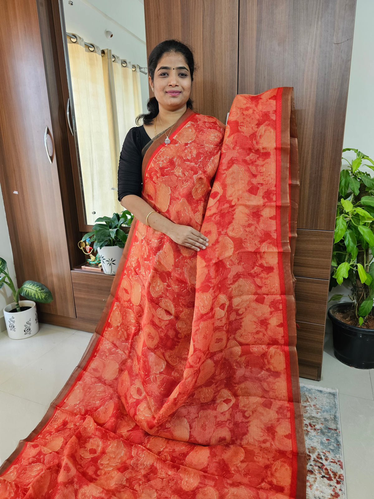 Handwoven Kota Tussar Saree with Zari Border - Orange