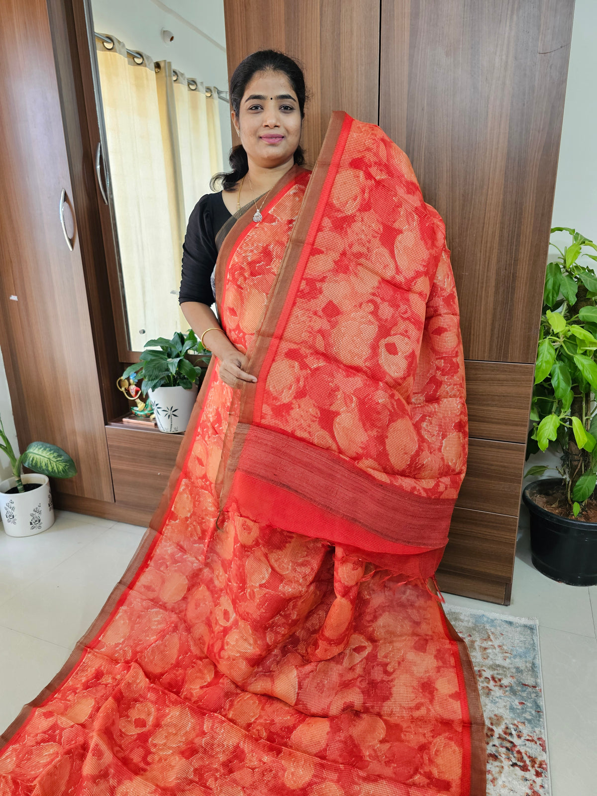 Handwoven Kota Tussar Saree with Zari Border - Orange