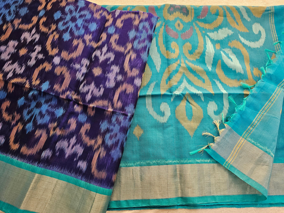 Dark Blue with Sky Blue Pochampally Ikkat Silk Cotton (SICO Pattu)