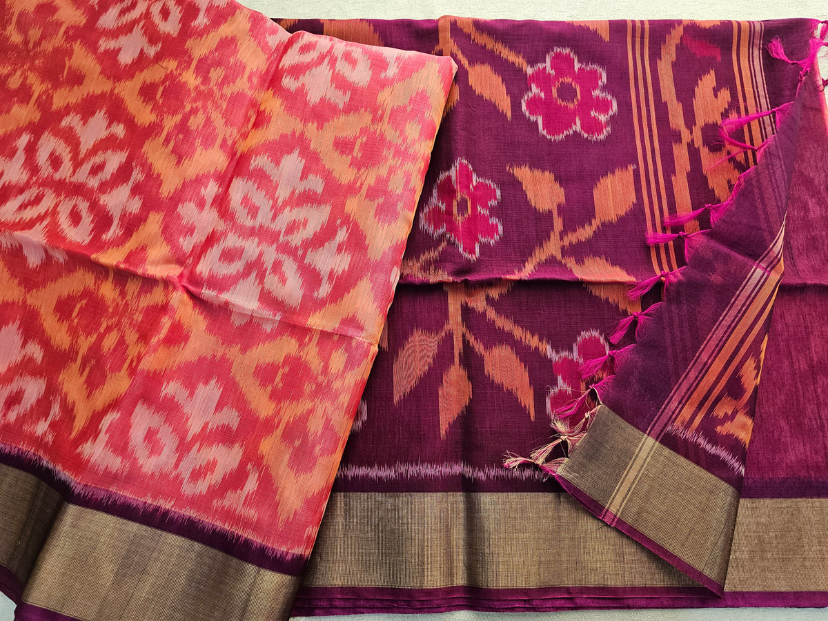 Peach with Magenta Pink Pochampally Ikkat Silk Cotton (SICO Pattu)