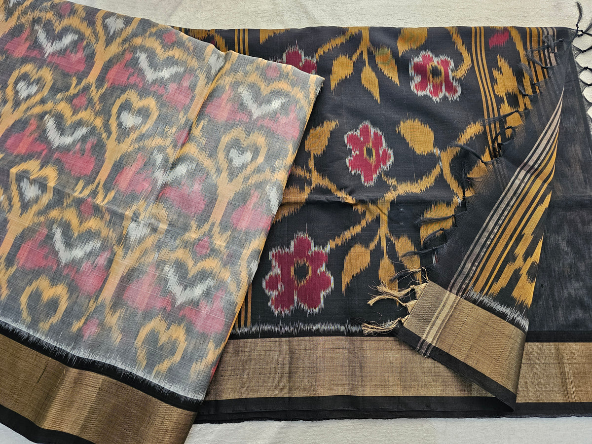 Grey with Black Pochampally Ikkat Silk Cotton (SICO Pattu)