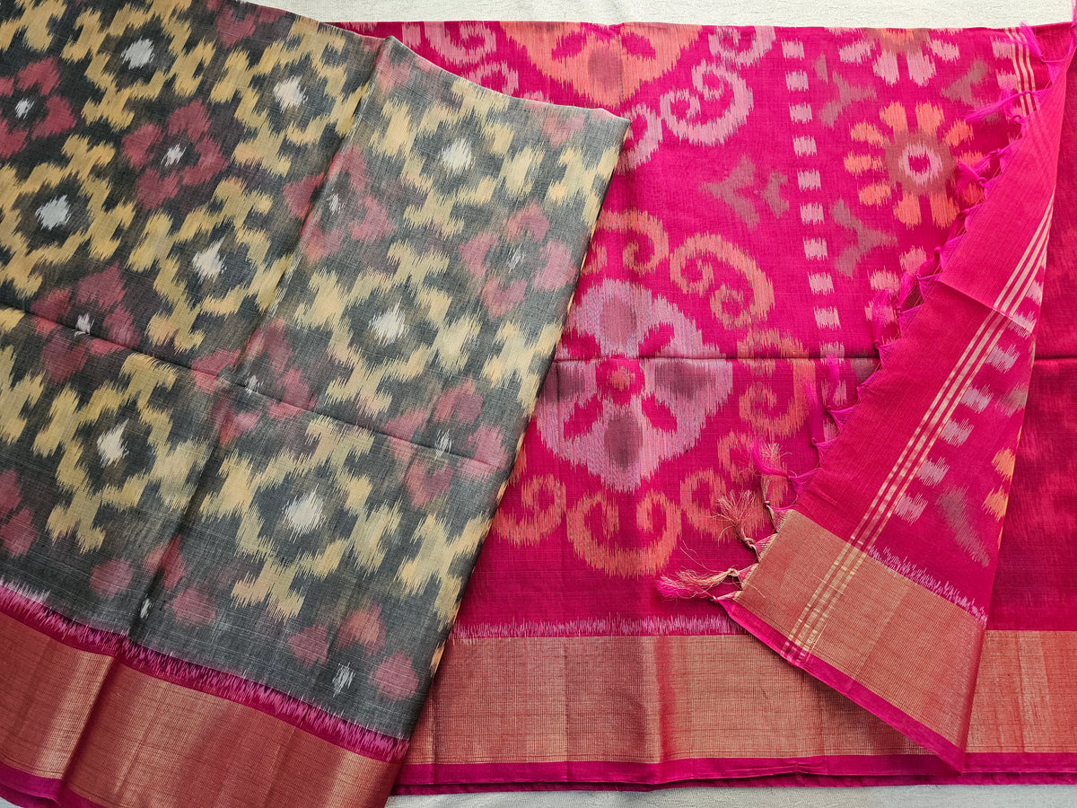 Grey with Pink Pochampally Ikkat Silk Cotton (SICO Pattu)