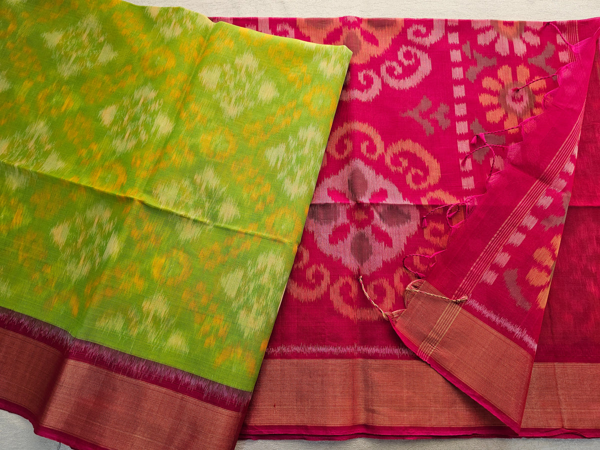 Parrot Green with Pink Pochampally Ikkat Silk Cotton (SICO Pattu)