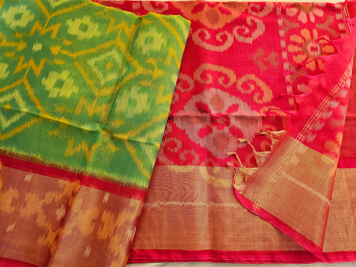 Sea Green with Pink Pochampally Ikkat Silk Cotton (SICO Pattu)