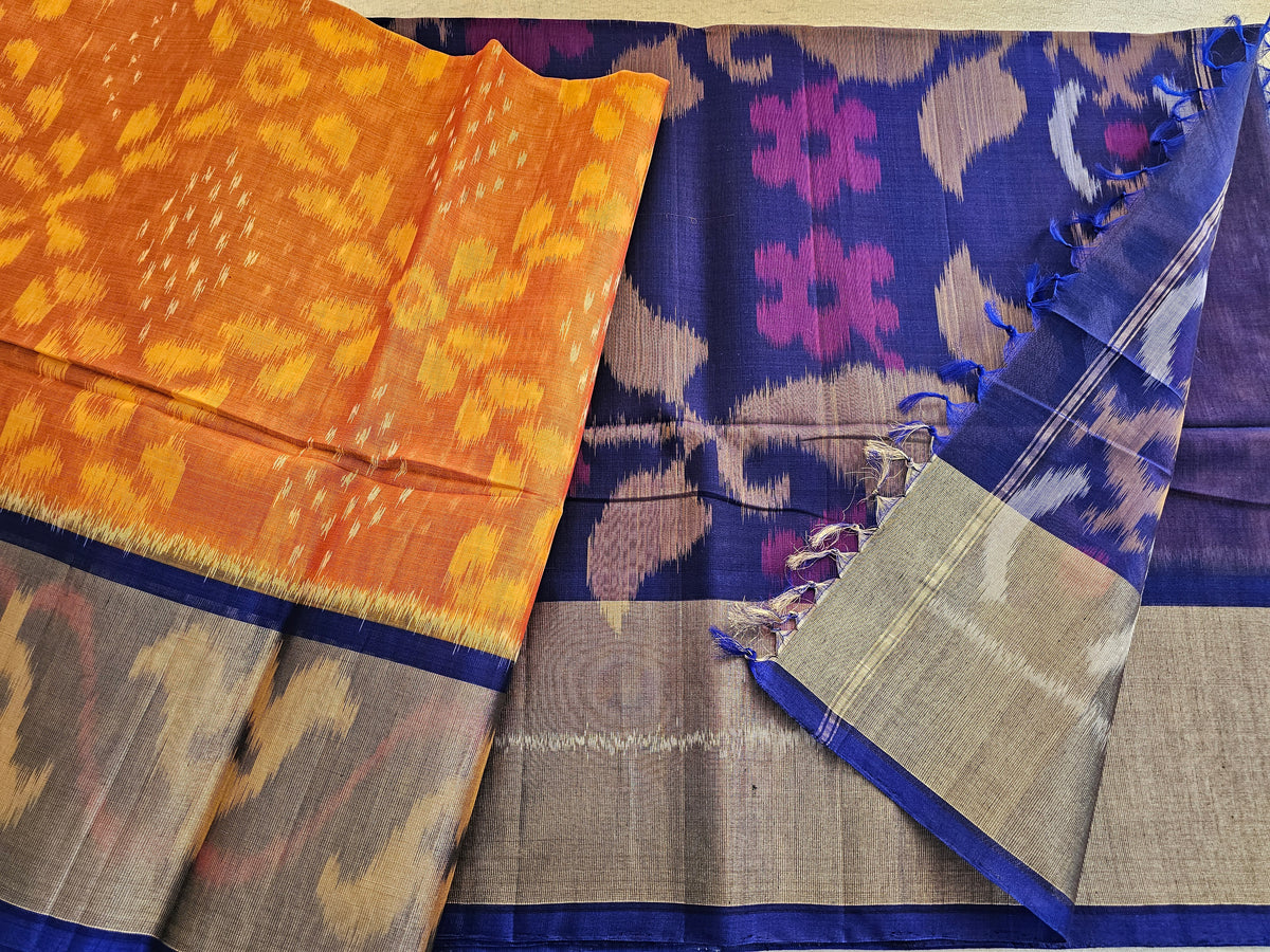 Mustrd Orange with Navy Blue Pochampally Ikkat Silk Cotton (SICO Pattu)