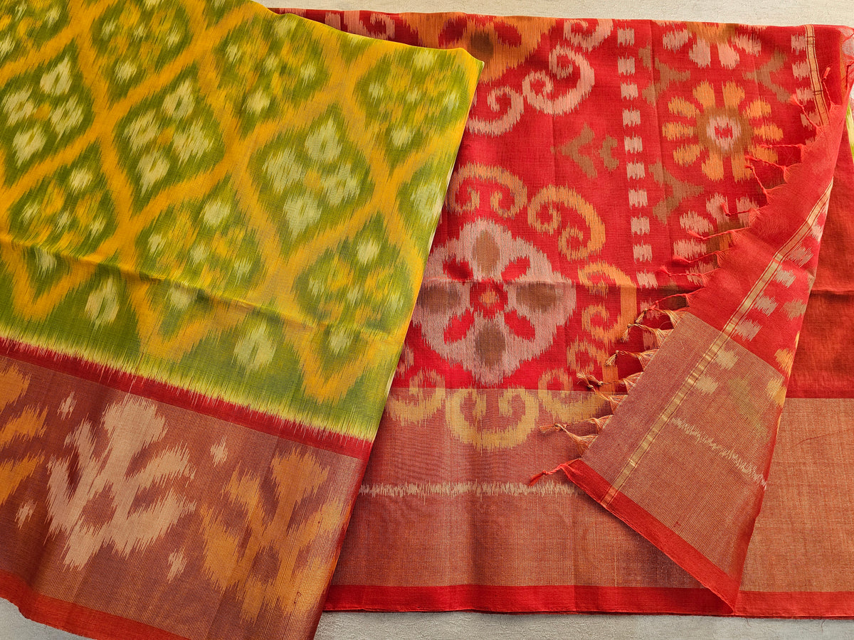 Green with Orange Pochampally Ikkat Silk Cotton (SICO Pattu)