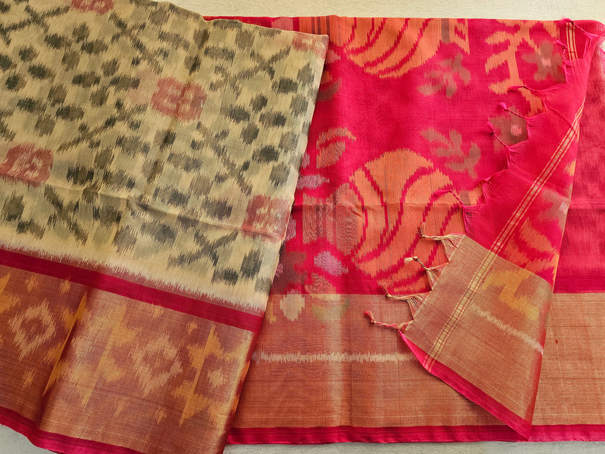 Beige with Reddish Pink Pochampally Ikkat Silk Cotton (SICO Pattu)