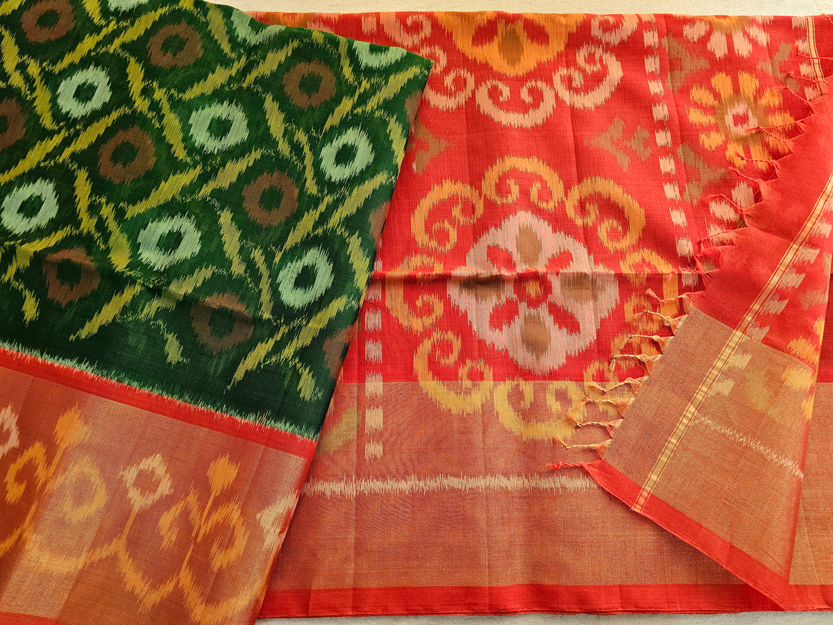 Green with Orange Pochampally Ikkat Silk Cotton (SICO Pattu)