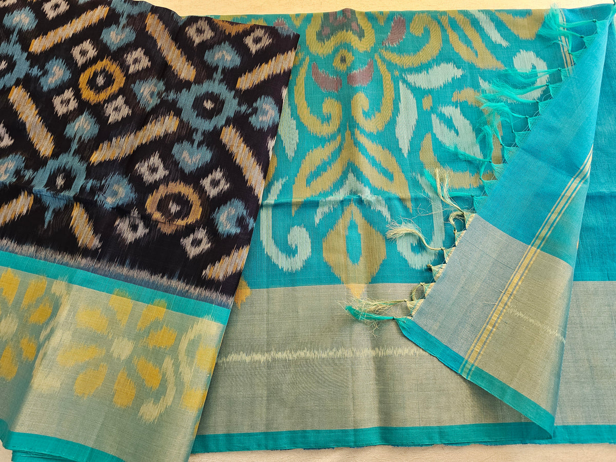 Dark Blue with Sky Blue Pochampally Ikkat Silk Cotton (SICO Pattu)