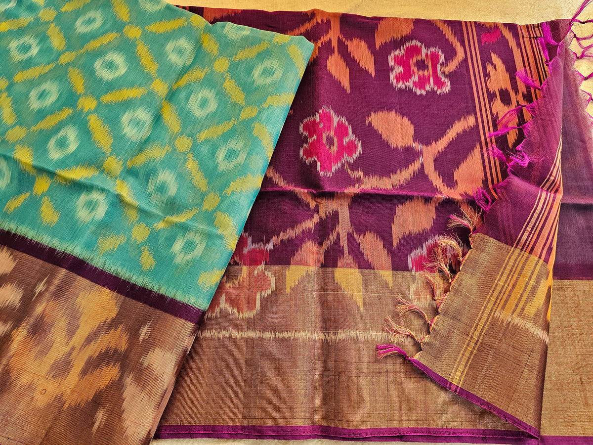 Blue with Purple Pochampally Ikkat Silk Cotton (SICO Pattu)