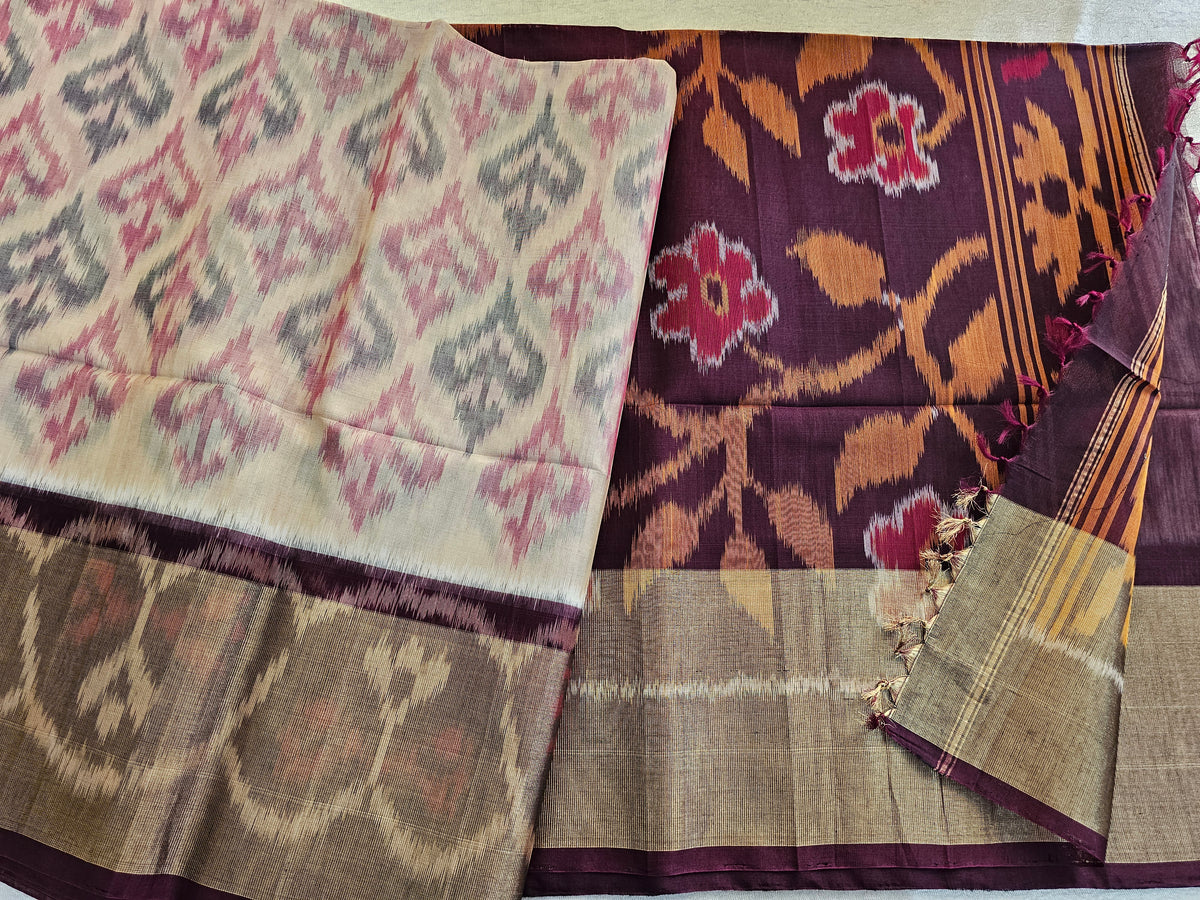 Cream with Brown Pochampally Ikkat Silk Cotton (SICO Pattu)