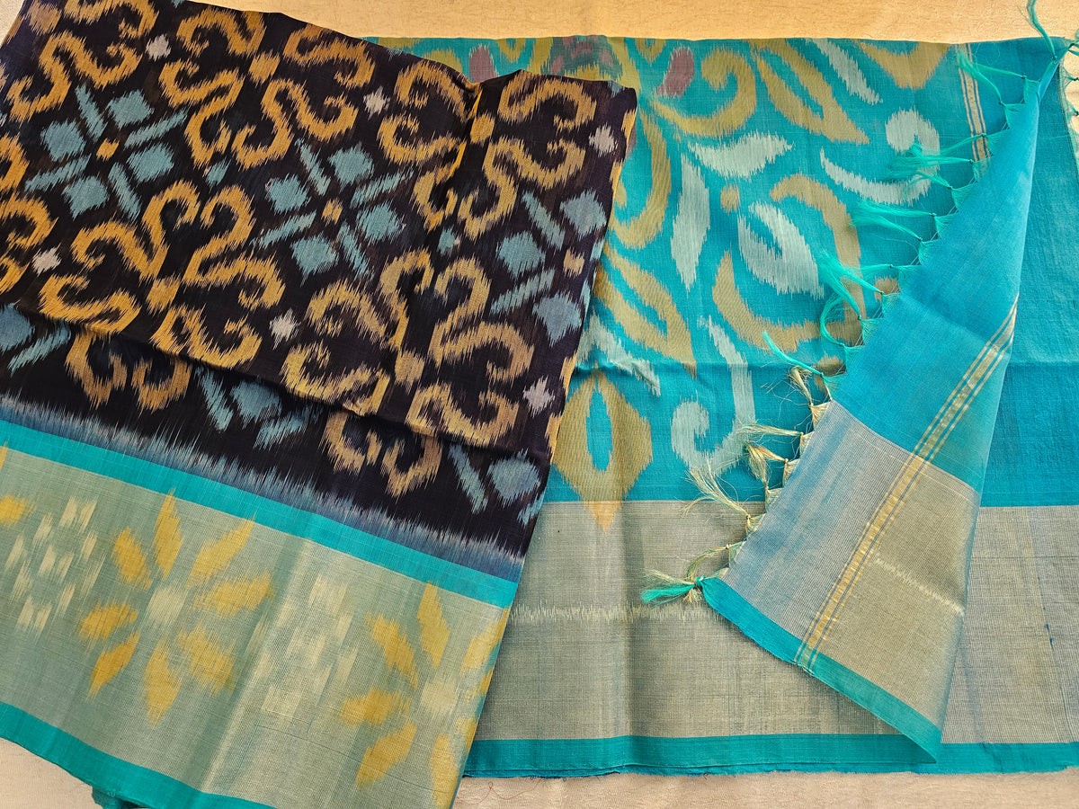 Navy Blue with Sky Blue  Pochampally Ikkat Silk Cotton (SICO Pattu)