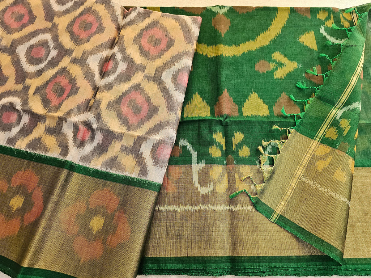 Grey with Green Pochampally Ikkat Silk Cotton (SICO Pattu)