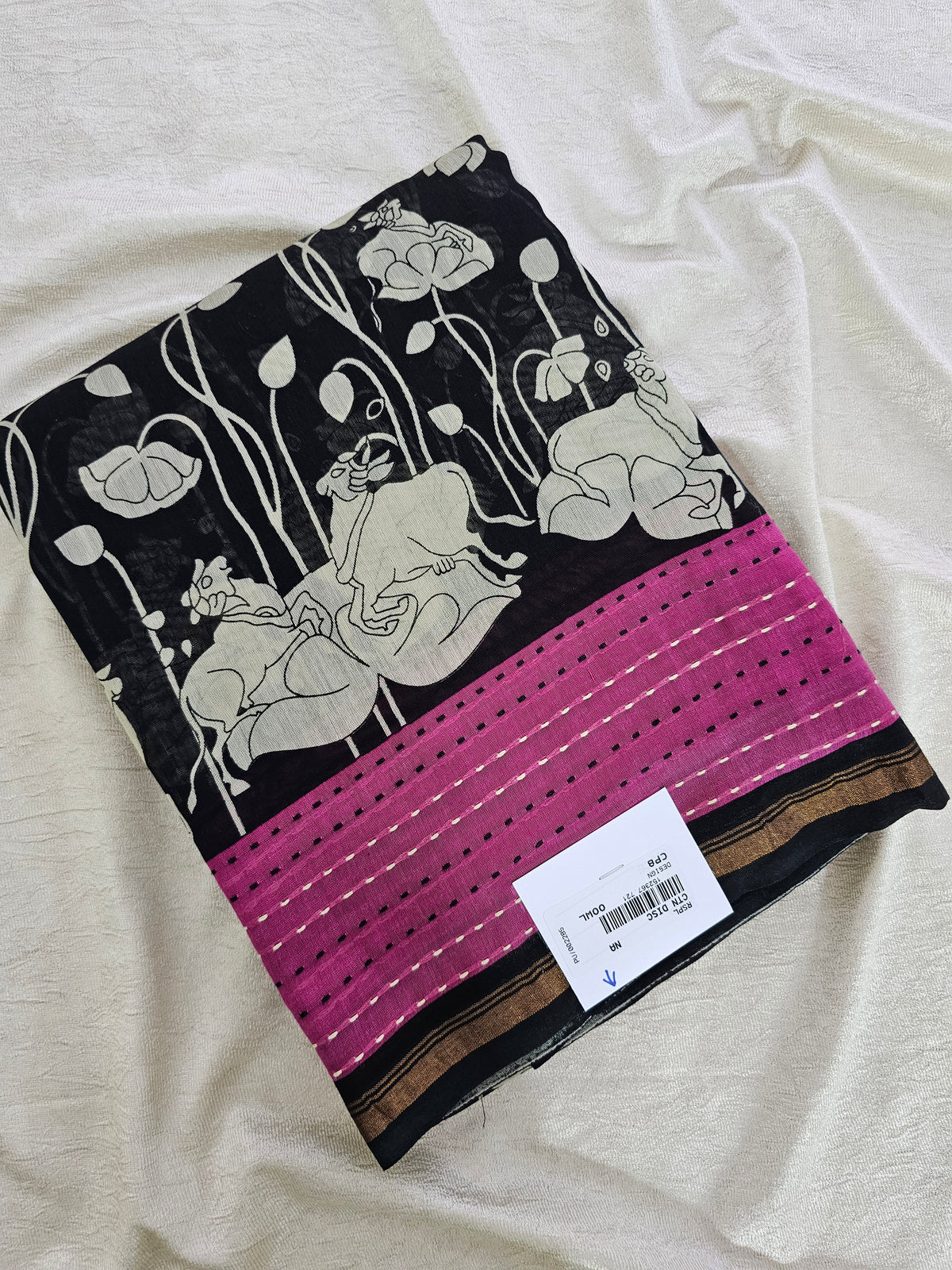 Pure Chanderi Butter Silk - Black with Pink