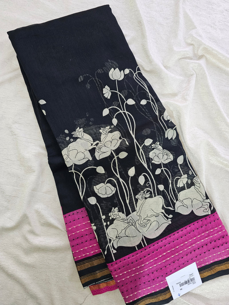 Pure Chanderi Butter Silk - Black with Pink