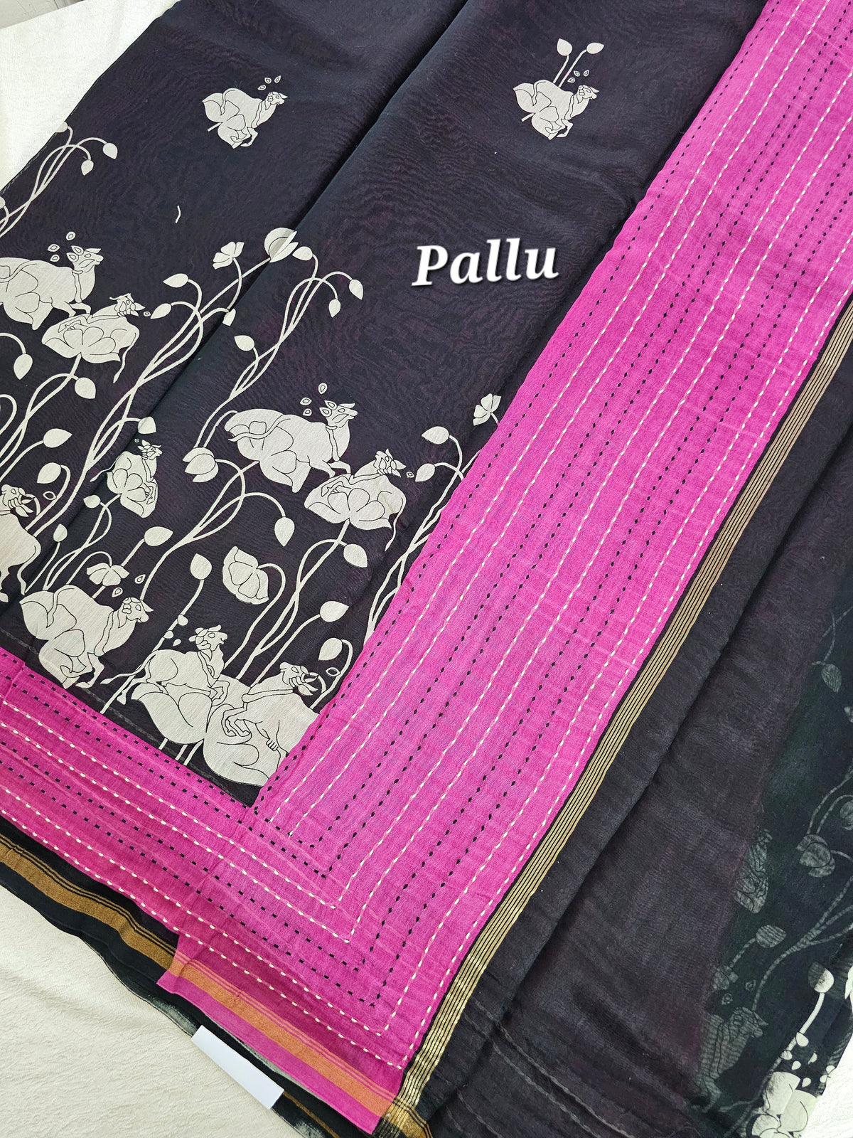 Pure Chanderi Butter Silk - Black with Pink