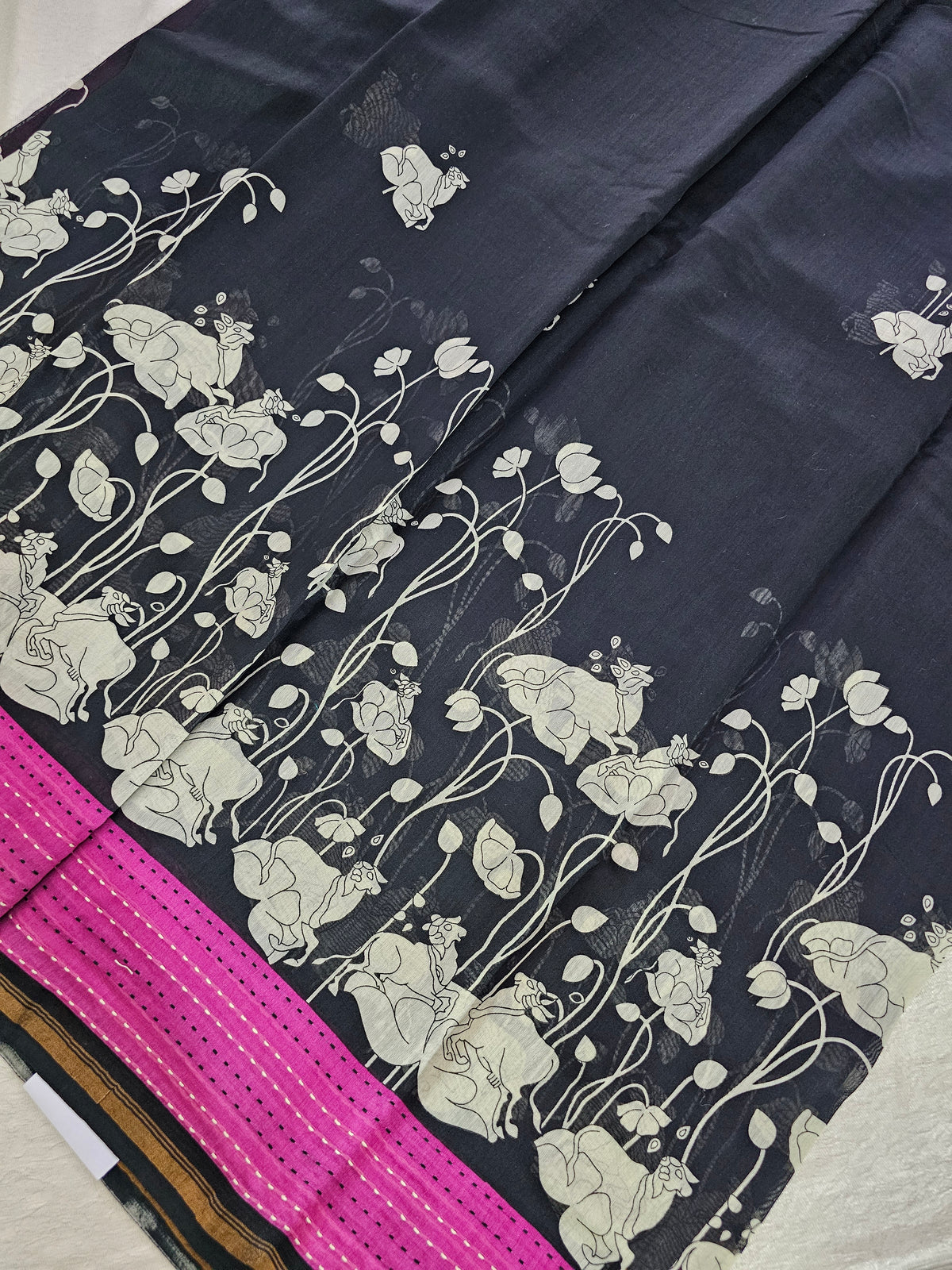 Pure Chanderi Butter Silk - Black with Pink