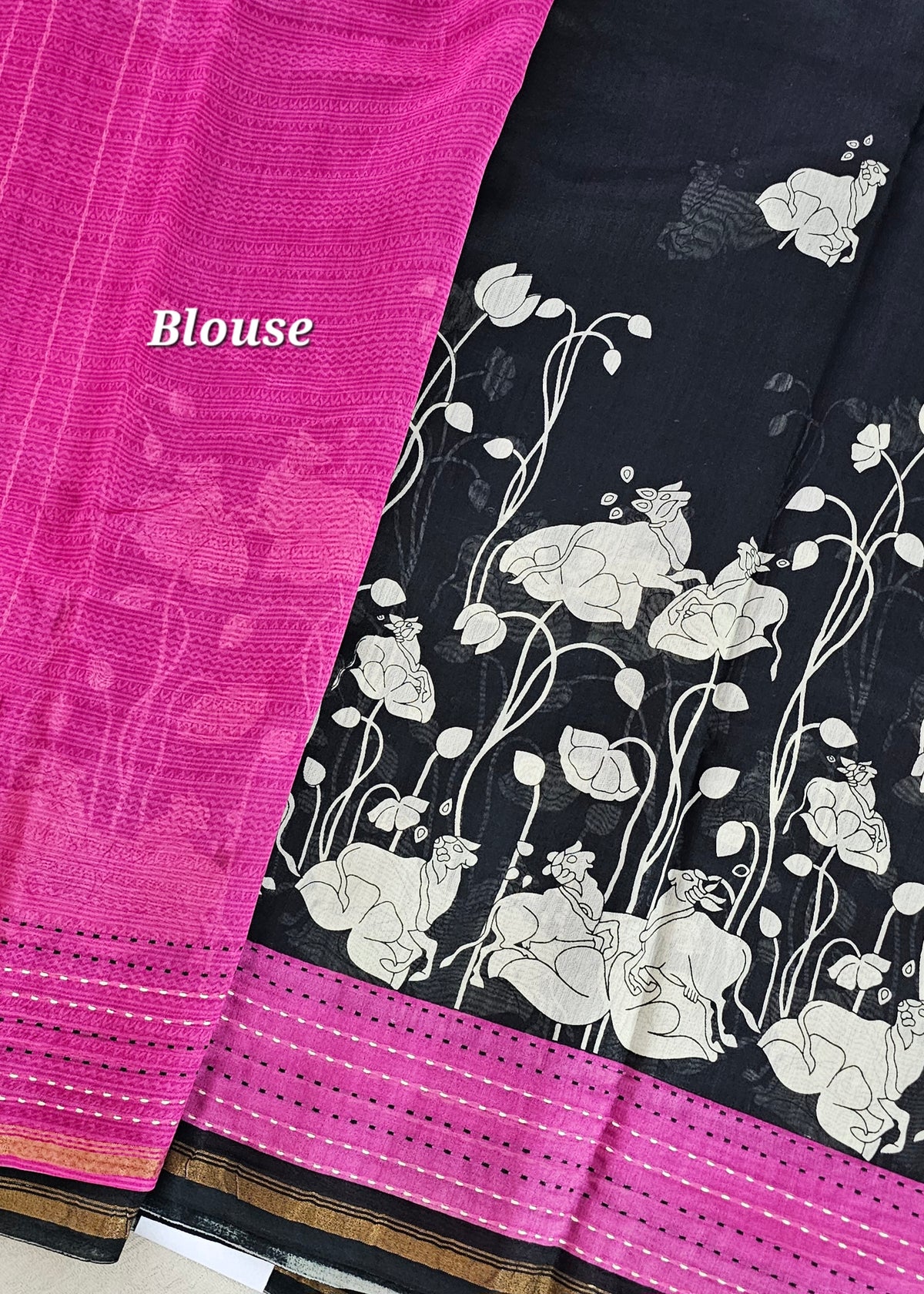 Pure Chanderi Butter Silk - Black with Pink