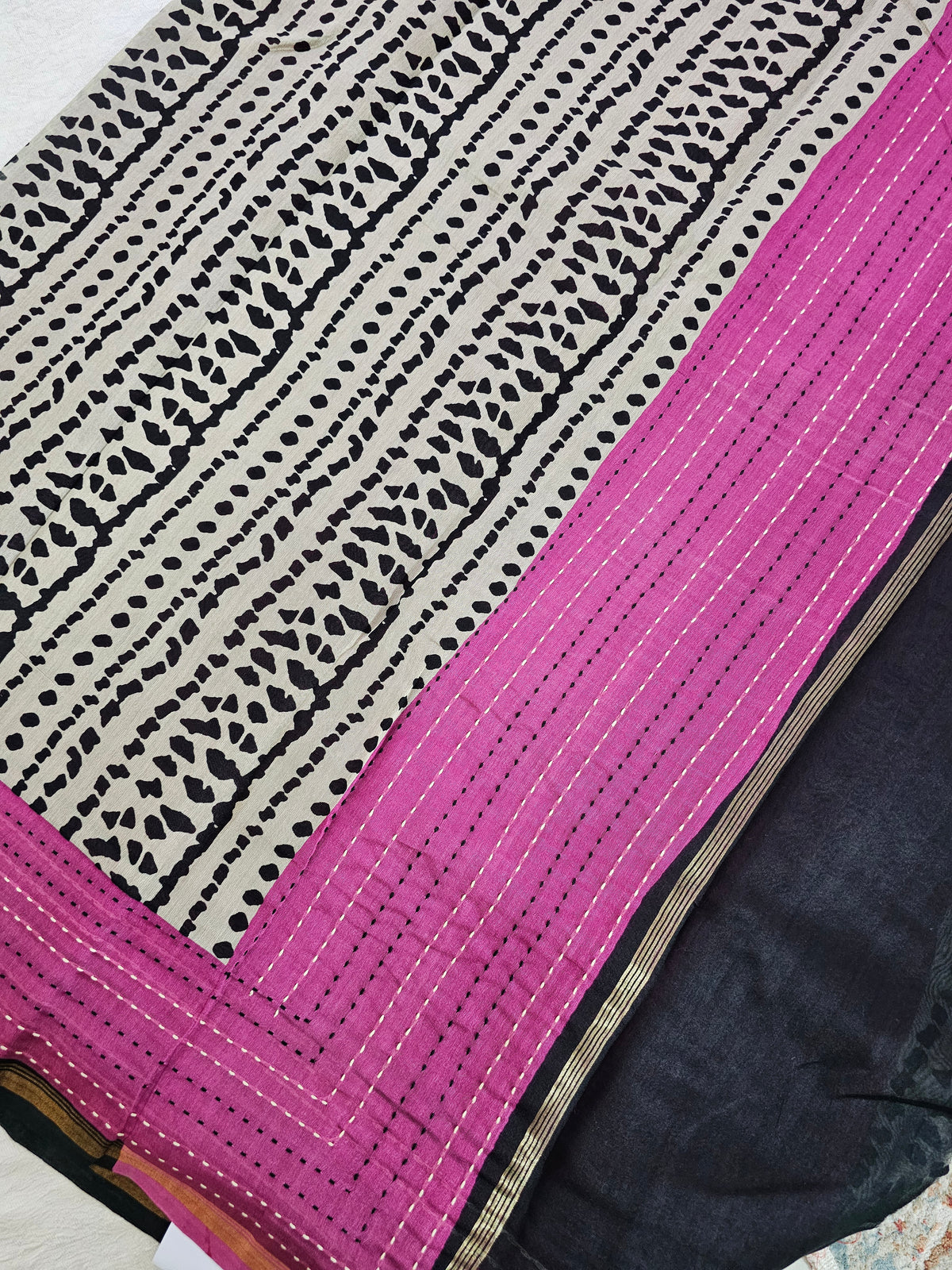 Pure Chanderi Butter Silk - Black with Pink