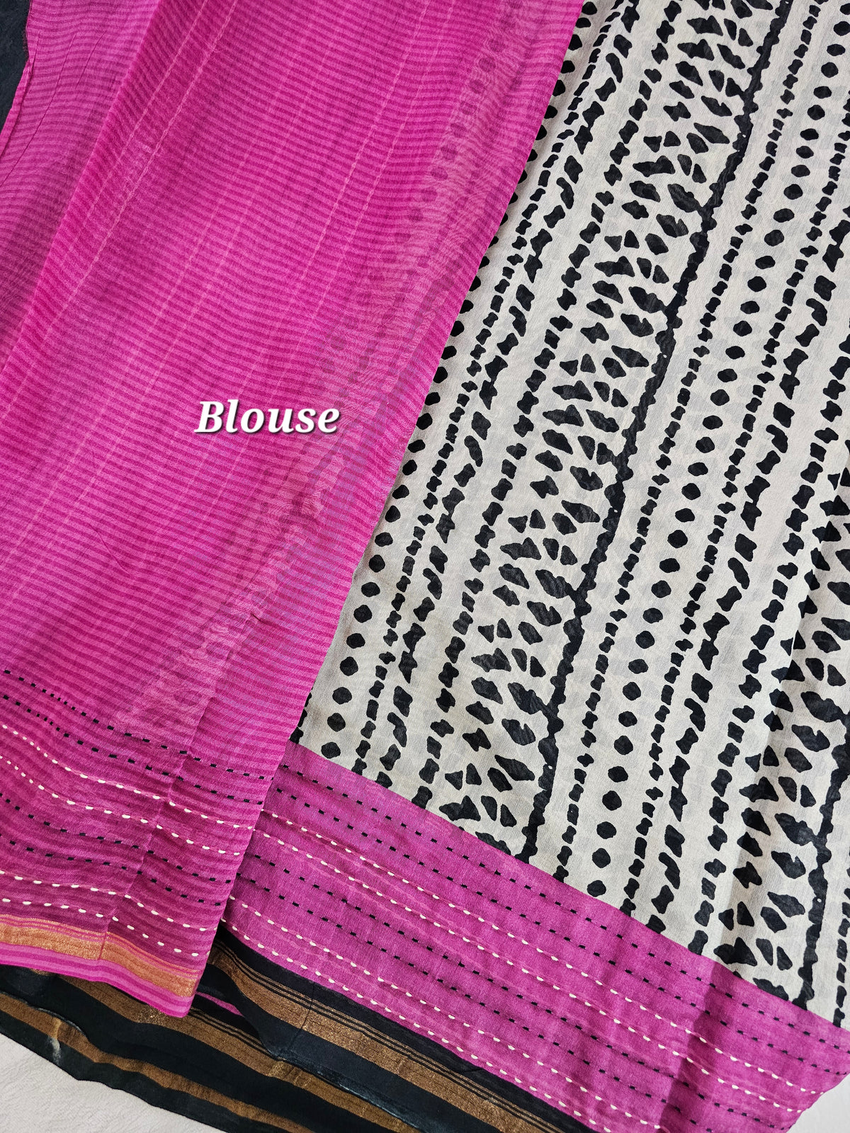 Pure Chanderi Butter Silk - Black with Pink