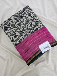 Pure Chanderi Butter Silk - Black with Pink